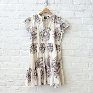Madison Mathews || Tiered Block Print Mini‎ Dress A-line Paisley White Small